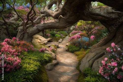 fantasy garden, with gnarled tree roots twisting around the stone path and blooming flowers in full bloom, created with generative ai © Natalia