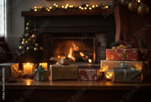 Christmas decorations  a gift  and candles in front of a fireplace. A fire is burning in the fireplace. Front room decorated for Christmas with fireplace Generative Ai.