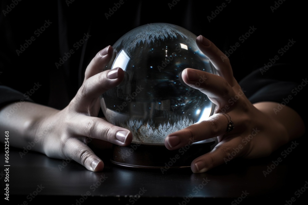 person, looking into crystal ball, trying to see the future, created with generative ai Stock