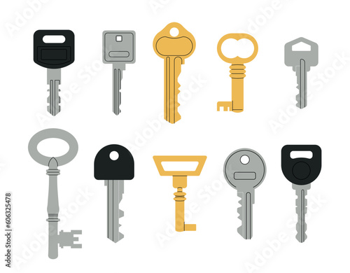 Door keys set. Minimalistic security and real estate symbol. Protection of private property, real estate and buildings. Pack of keys. Cartoon flat vector collection isolated on white background