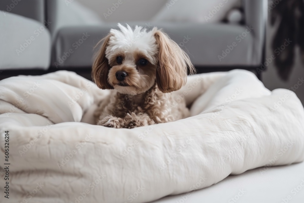 luxury pet bed with pillow, blanket and toy on fluffy white duvet, created with generative ai luxury pet bed with pillow, blanket and toy on fluffy white duvet, created with generative ai