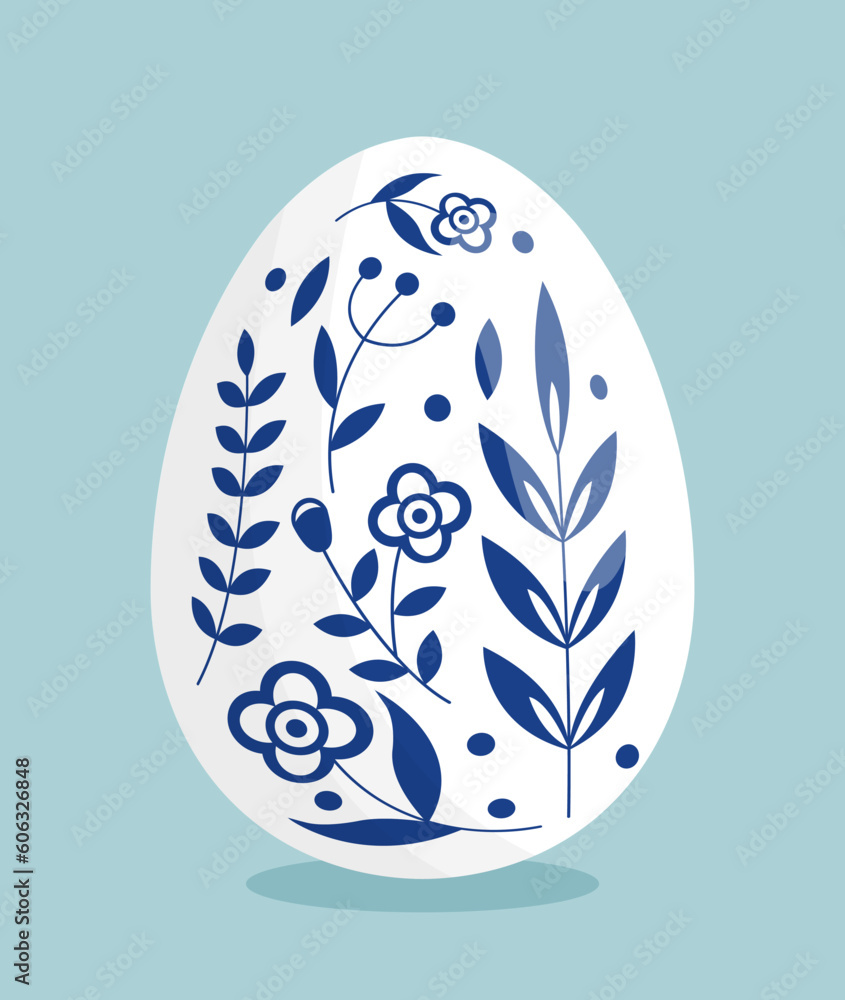 Easter egg concept. Flowers blue pattern or ornament on white egg. Traditional holy festival and holiday. International event. Cartoon flat vector illustration isolated on blue background Easter egg concept. Flowers blue pattern or ornament on white egg. Traditional holy festival and holiday. International event. Cartoon flat vector illustration isolated on blue background