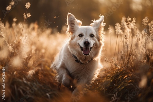 portrait of happy dog running through meadow, with the sun shining and wind blowing, created with generative ai © Natalia