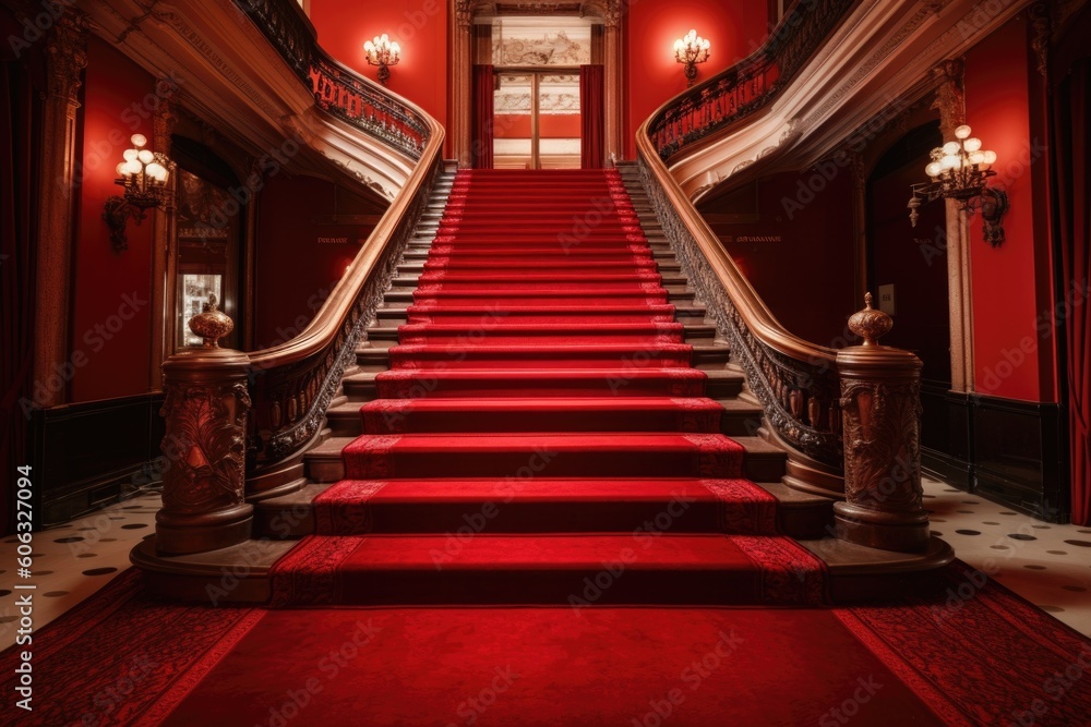 a red carpeted staircase, leading to a glamorous event, created with generative ai
