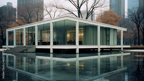 3d render of modern interior building sitting on pool film grain retro in a city generative ai