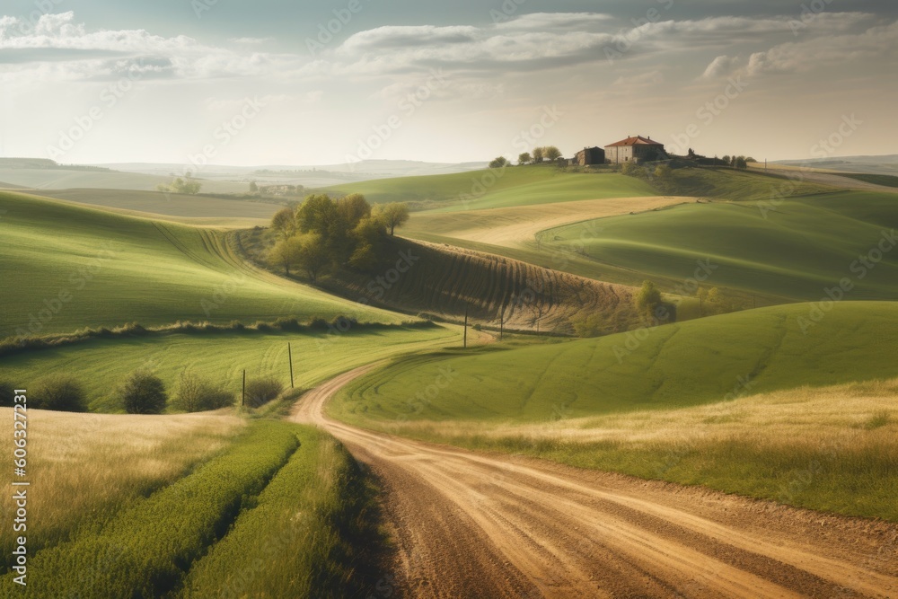 rural landscape, with rolling hills and winding roads, in the distance, created with generative ai