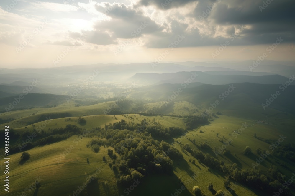 rural landscape with clouds, sun and rolling hills, taken from above, created with generative ai