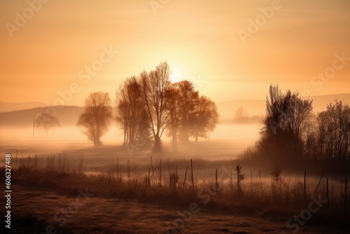 rural landscape with misty morning sunrise  featuring silhouettes of trees and distant mountains  created with generative ai