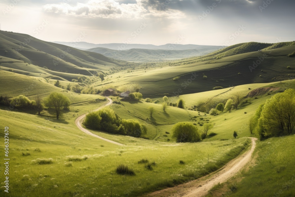 rural landscape, with rolling hills and winding roads, created with generative ai