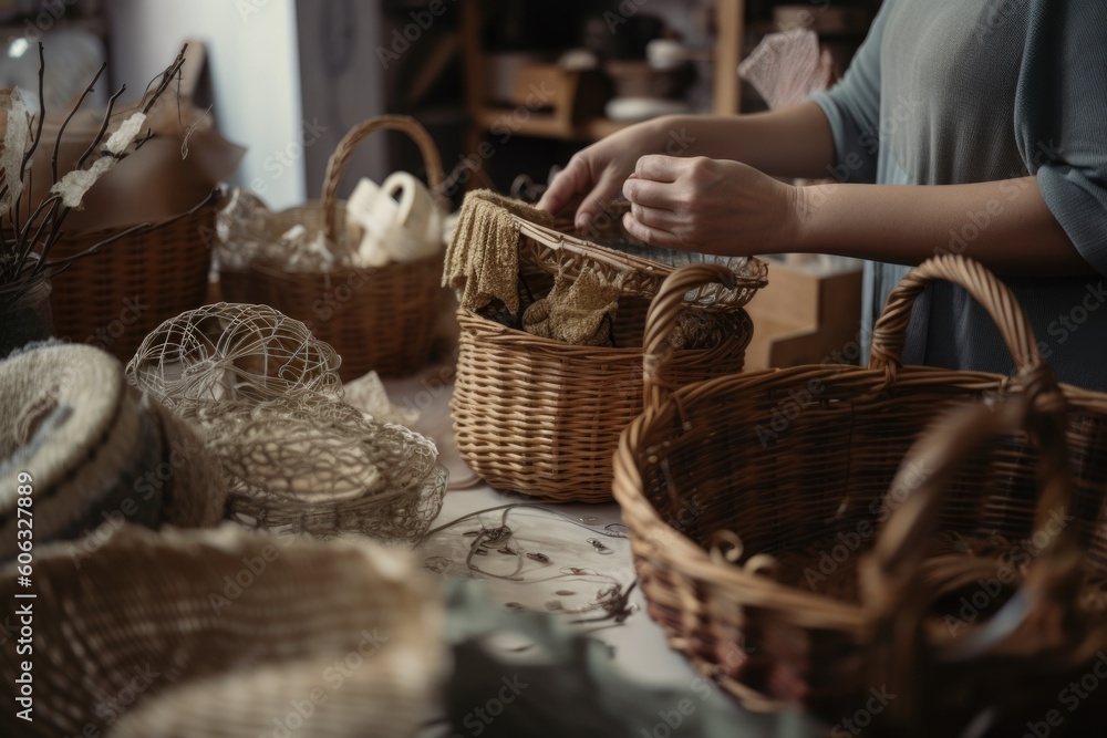 Obraz premium busy seamstress, working on unique and eclectic projects, with basket of materials nearby, created with generative ai