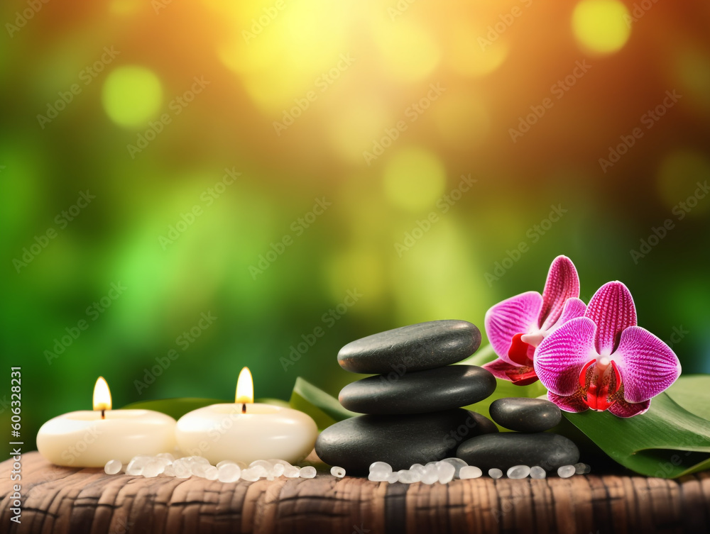 Spa therapy background with essential candle and flower