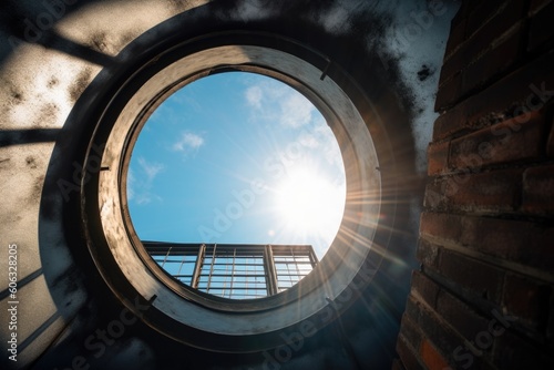 ventilation shaft with sunlight and blue sky visible through the opening, created with generative ai
