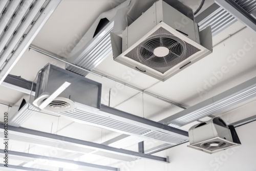 ventilation system with vents and fans in ceiling of warehouse or factory, providing fresh air and removing odors, created with generative ai photo