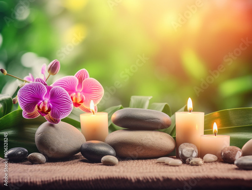 Spa therapy background with essential candle and flower