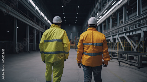 Two industrial workers in orange uniform. Technical employee wearing a helmet, Rear view. Industrial or manufacturing urban building, created with Generative AI Technology