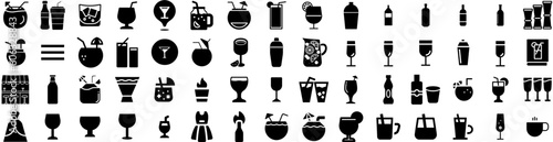 Set Of Cocktail Icons Isolated Silhouette Solid Icon With Beverage, Drink, Cocktail, Glass, Alcohol, Bar, Ice Infographic Simple Vector Illustration Logo