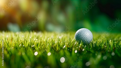 Golf ball on green grass with bokeh background, closeup. Generative AI.