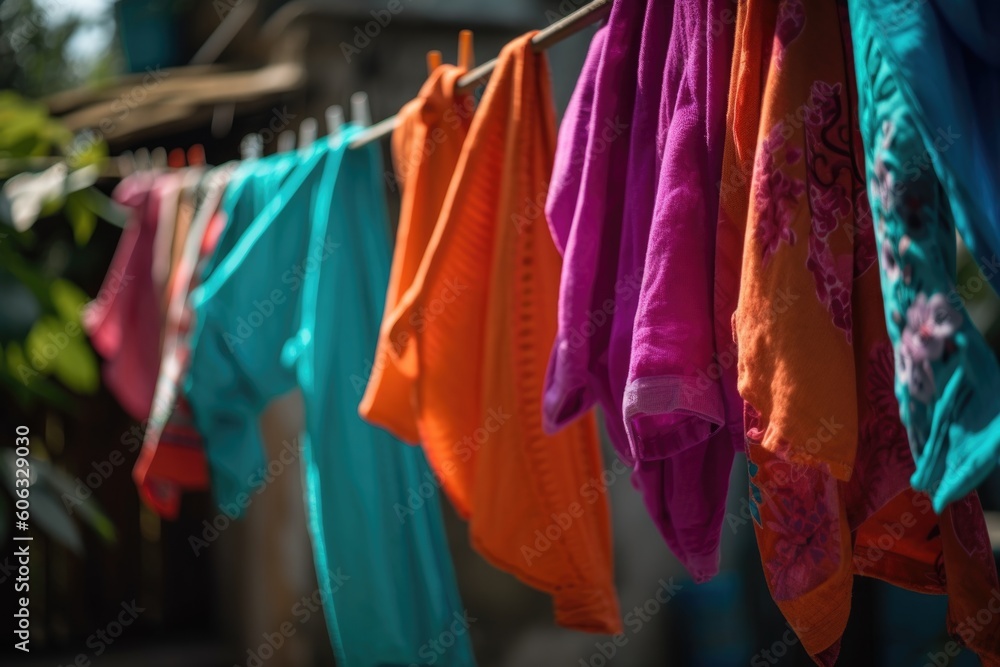 close-up of bright and colorful garments hanging on a clothesline, created with generative ai