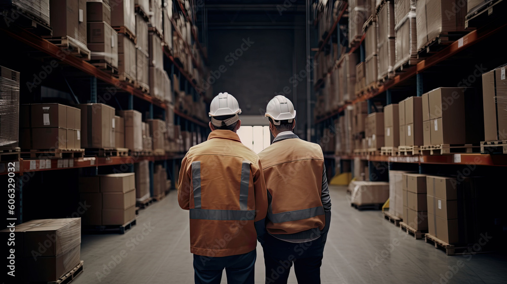 Two workers are standing in the warehouse. Hangar with racks and boxes with cargo. Loading and unloading of containers, created with Generative AI Technology