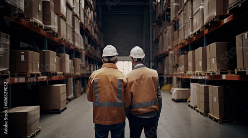 Two workers are standing in the warehouse. Hangar with racks and boxes with cargo. Loading and unloading of containers, created with Generative AI Technology