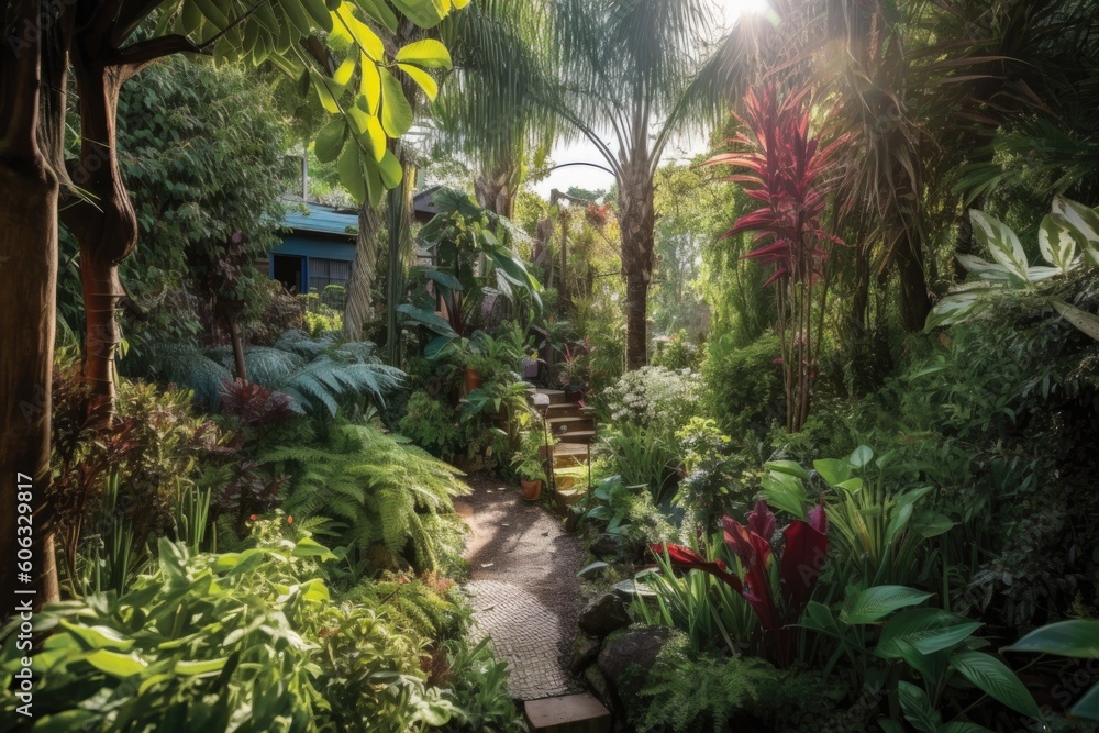vibrant jungle garden with towering trees, vines and exotic plants, created with generative ai
