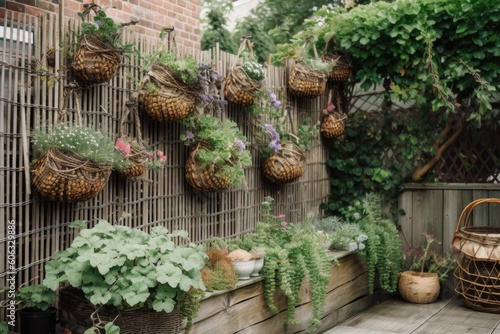 clusters of baskets and hanging plants, draping over the wooden fence, created with generative ai