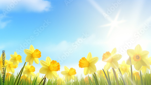 Spring background with yellow flower blue sky and sunlight
