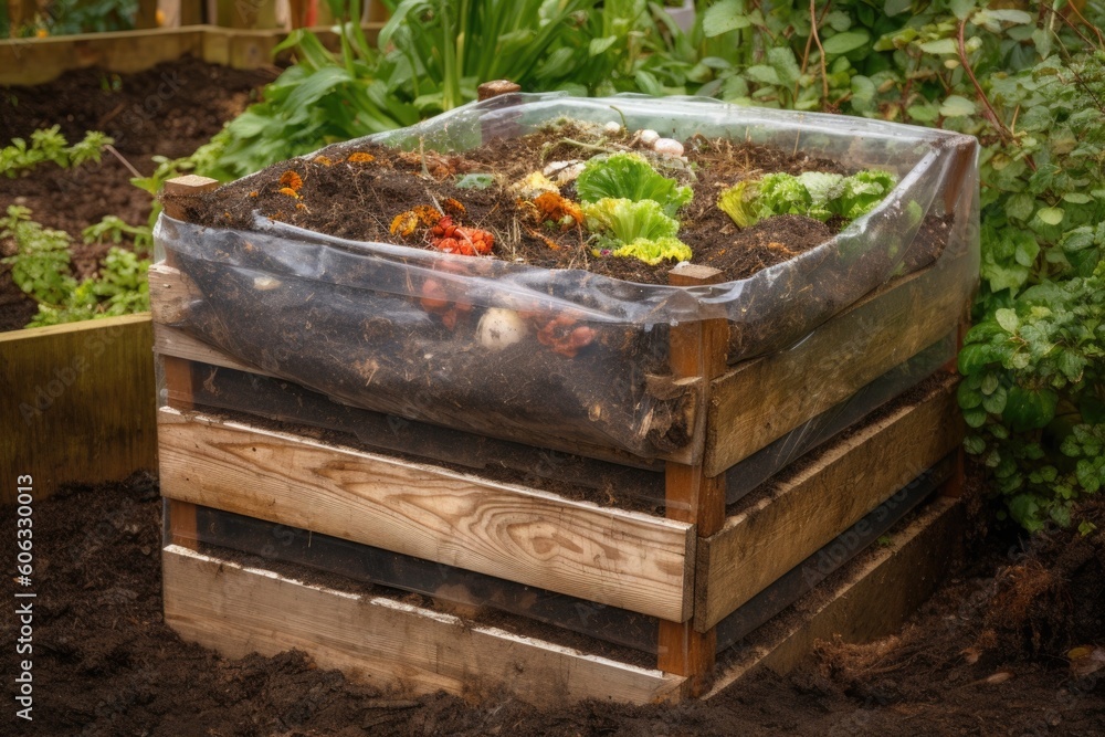 compost bin with clear lid, showing the layers of composting materials