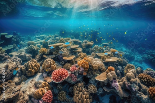 coral reef with schools of colorful fish swimming among the corals, created with generative ai