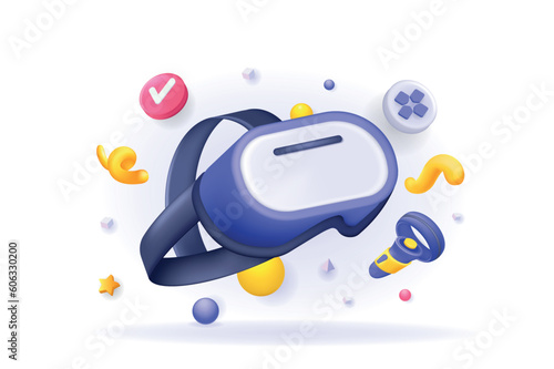 VR game concept 3D illustration. Icon composition with virtual reality headset and gaming controllers for video games with augmented reality simulation. Vector illustration for modern web design