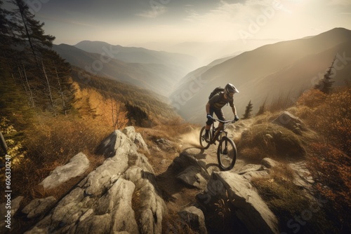 mountain biker speeding down steep and rocky trail with breathtaking view, created with generative ai
