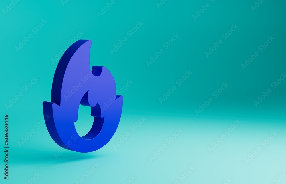 Blue Fire flame icon isolated on blue background. Minimalism concept. 3D render illustration Blue Fire flame icon isolated on blue background. Minimalism concept. 3D render illustration