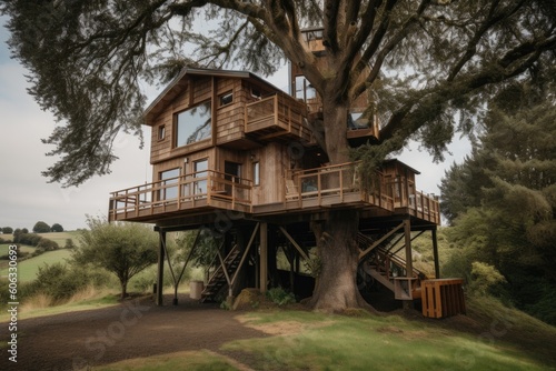 treehouse retreat, with views of the natural landscape and wildlife, created with generative ai © Natalia
