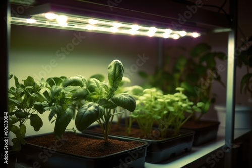 close-up of a light system in a homegrow, illuminating the plants, created with generative ai photo