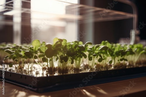 close-up of a hydroponic system, with delicate sprouts growing in the water, created with generative ai