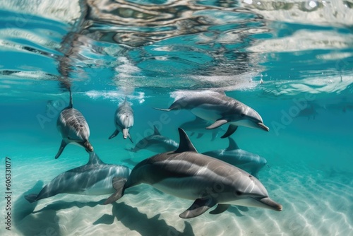 group of dolphins swimming in crystal-clear water  created with generative ai