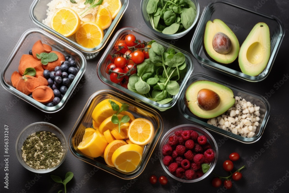 meal prep with a variety of ingredients such as fruits, vegetables, and proteins, created with generative ai