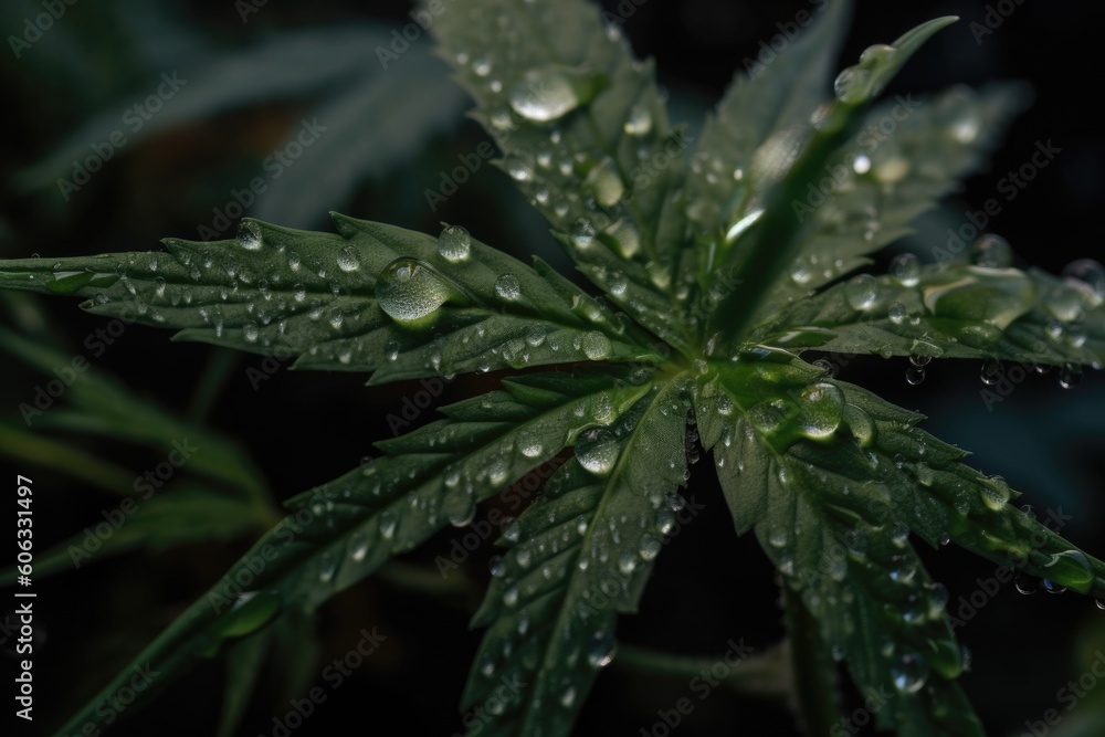 close-up of medical marijuana plant, with droplets of water visible on the leaves, created with generative ai close-up of medical marijuana plant, with droplets of water visible on the leaves, created with generative ai