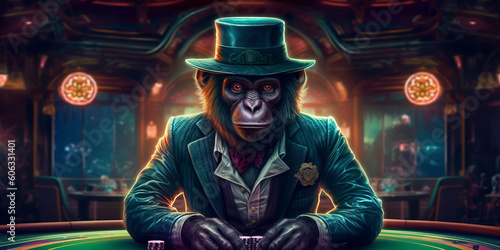 Stylish monkey in a luxurious suit at the gaming table in the casino, poker player. Concept of gambling and rich life. ai generated