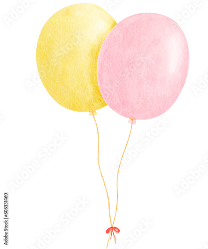 Yellow and pink balloons with red ribbon watercolor illustration isolated on white background