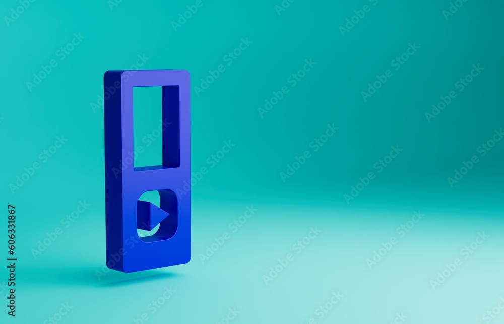 Blue Music player icon isolated on blue background. Portable music device. Minimalism concept. 3D render illustration Blue Music player icon isolated on blue background. Portable music device. Minimalism concept. 3D render illustration