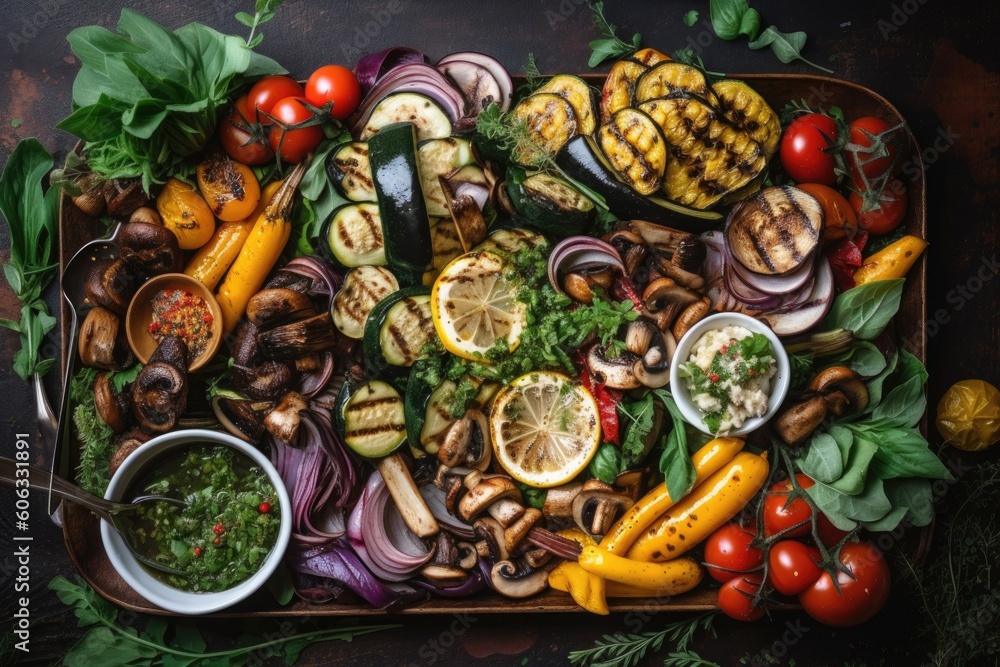 platter of grilled vegetables, herbs, and spices, created with generative ai