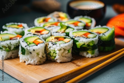 plant-based and vegan sushi roll, filled with fresh veggies and avocado, created with generative ai