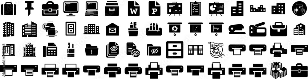 Set Of Office Icons Isolated Silhouette Solid Icon With Computer, Desk, Table, Work, Business, Modern, Office Infographic Simple Vector Illustration Logo Set Of Office Icons Isolated Silhouette Solid Icon With Computer, Desk, Table, Work, Business, Modern, Office Infographic Simple Vector Illustration Logo