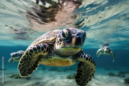 baby sea turtle swimming in the ocean, with its mother in the background, created with generative ai