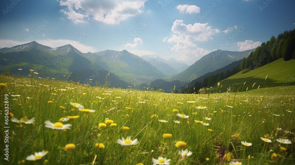 a beautiful landscape with daisies and mountains behind it