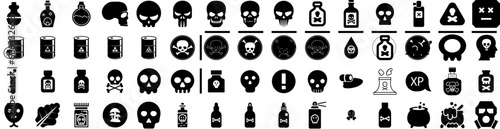 Set Of Poison Icons Isolated Silhouette Solid Icon With Isolated, Symbol, Sign, Chemical, Danger, Poison, Toxic Infographic Simple Vector Illustration Logo