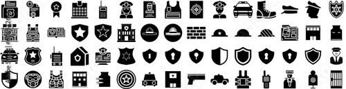 Set Of Police Icons Isolated Silhouette Solid Icon With Officer, Police, Vehicle, Emergency, Car, Crime, Law Infographic Simple Vector Illustration Logo