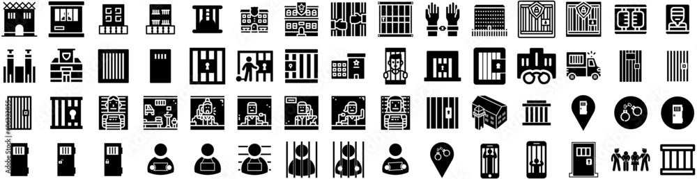 Set Of Prison Icons Isolated Silhouette Solid Icon With Punishment, Crime, Jail, Prison, Prisoner, Criminal, Justice Infographic Simple Vector Illustration Logo Set Of Prison Icons Isolated Silhouette Solid Icon With Punishment, Crime, Jail, Prison, Prisoner, Criminal, Justice Infographic Simple Vector Illustration Logo