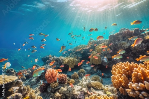 tropical fish school swimming among colorful coral reef, created with generative ai © Natalia